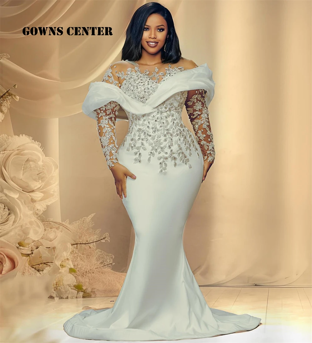 Glamorous Long Sleeves Wedding Dresses Crystal Applique Aso Ebi Style Mermaid African Reception Gowns robe de mariée Customized