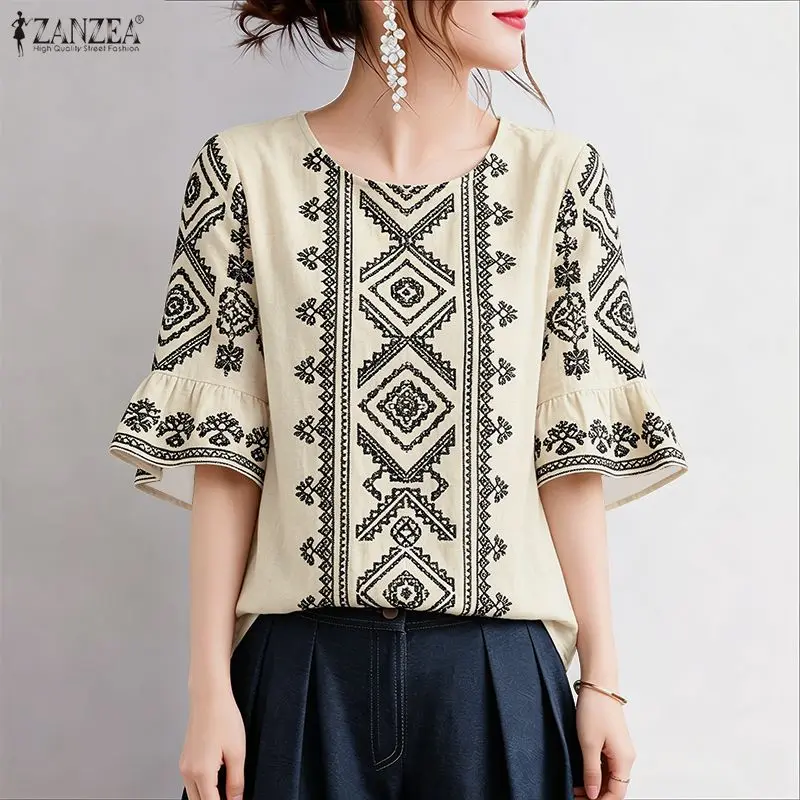 Women Bohemian Printed Blouse ZANZEA Summer Casual O Neck Half Sleeve Tops Female Holiday Blouses Retro Loose Work Shirt Mujer