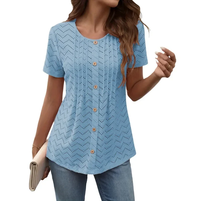 

Plus Size 1XL-5XL New Women Shirt Round Collar Jacquard Hollow Out Short Sleeve Shirt Tops Fashion Casual Solid Loose Blouse