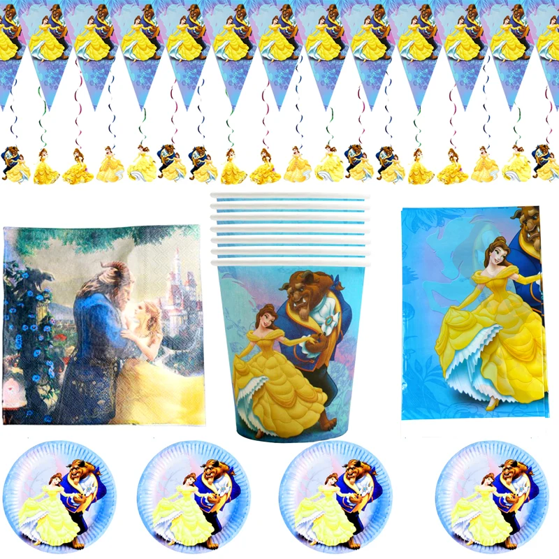 63pcs/lot Beauty Beast Theme Ceilling Swirls Birthday Party Flags Plates Cups Tablecloth Napkins Baby Shower Decorations Banner