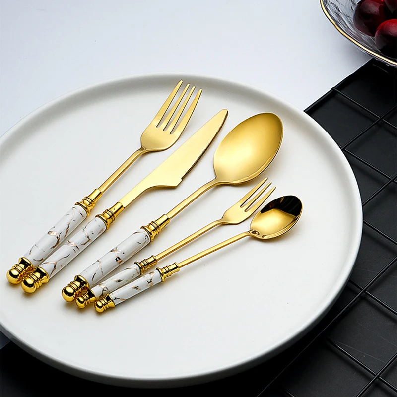 5PCS Gold Stainless Steel Flatware Cutlery Set Dinnerware Set Emerald Marble Ceramic Handle Knife Fork Tea Spoon Dinner Set