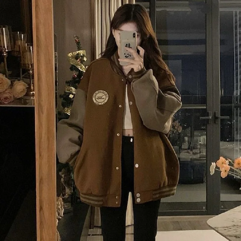 

American Lazy Baseball Coat Female Y2k Autumn Winter Fashion College Style Retro Loose Comfortable Casual Cardigan Hoodie Trend