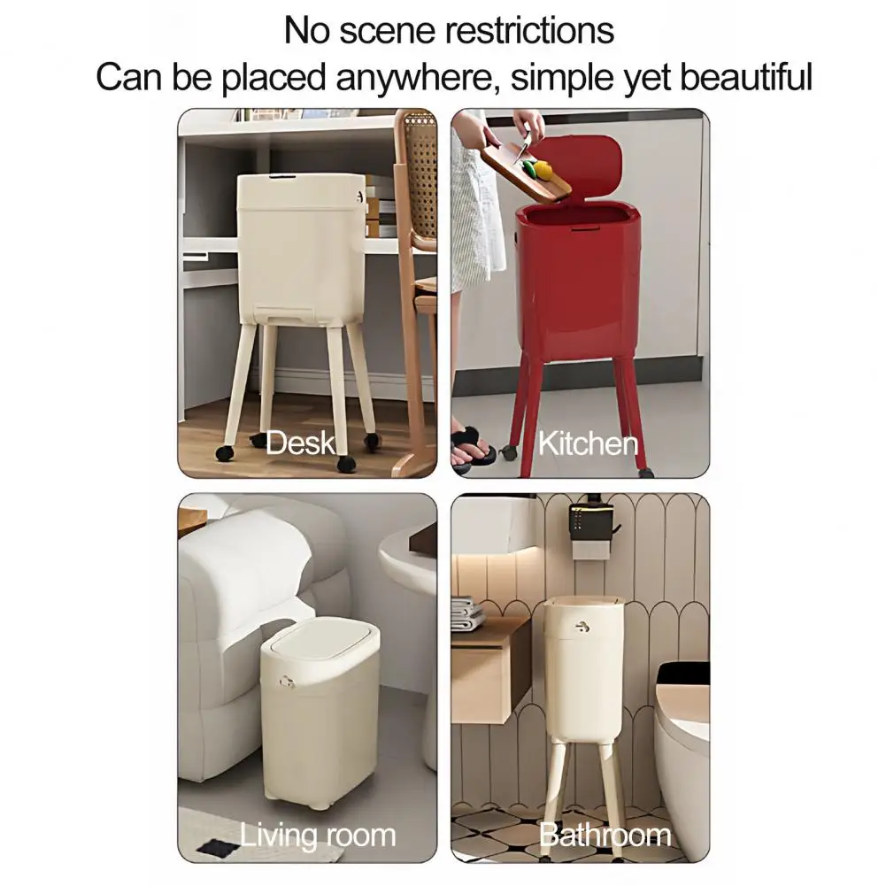 Tall Trash Can With Legs No-Bend Design Elevated Garbage Can On Wheels Large Capacity Rolling Waste Bin With Lid For Elderly