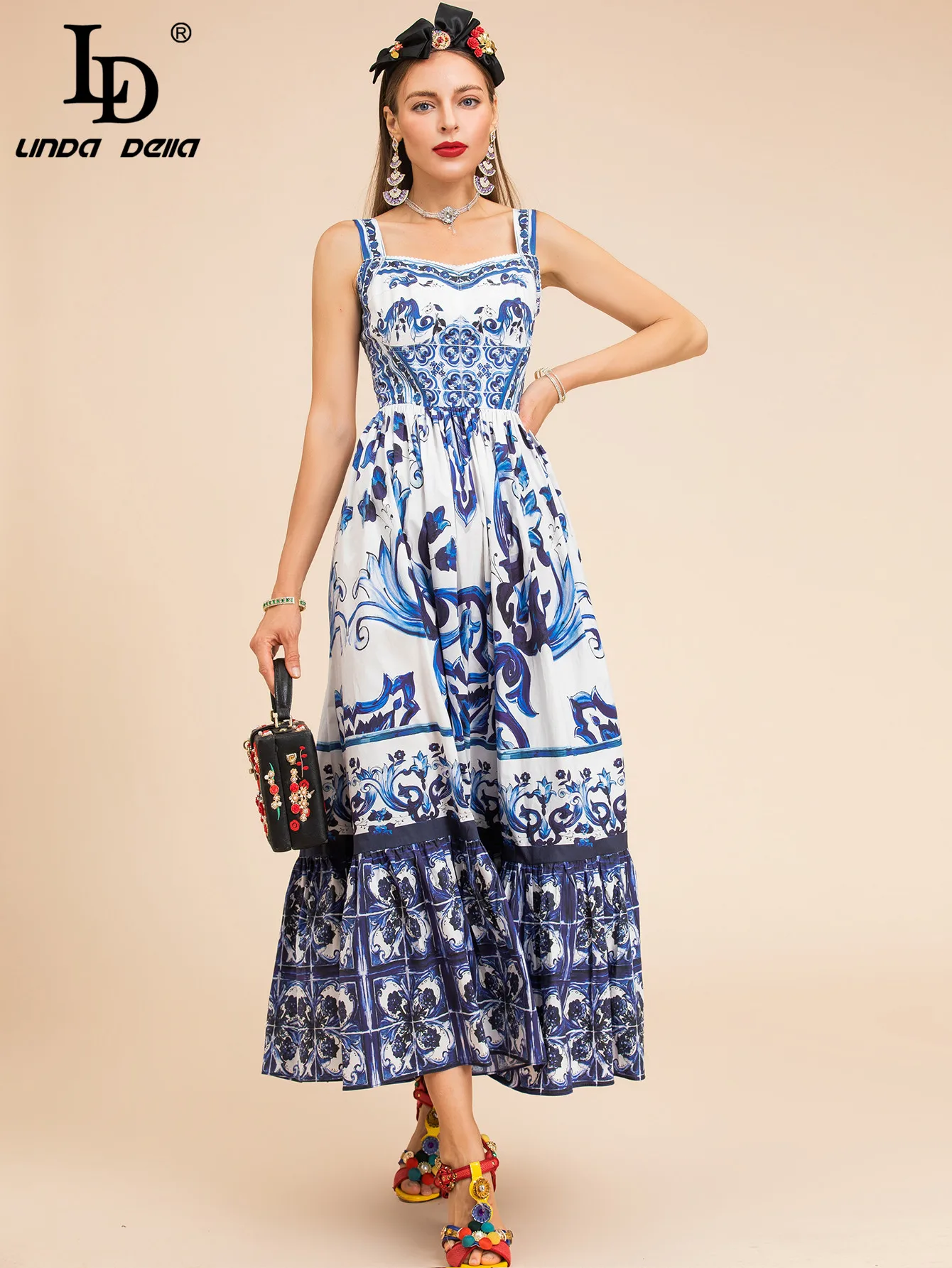 LD LINDA DELLA Fashion Runway Summer Cotton Dress Women's Spaghetti Strap Blue and White Porcelain Printing Vacation Long Dress