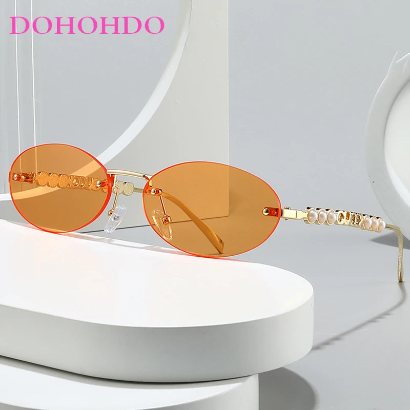 

New Luxury Metal Pearl Rimless Oval Sun Glasses Women Men Fashion Designer Eyeglass Summer Traveling Drive Sunglass Female UV400