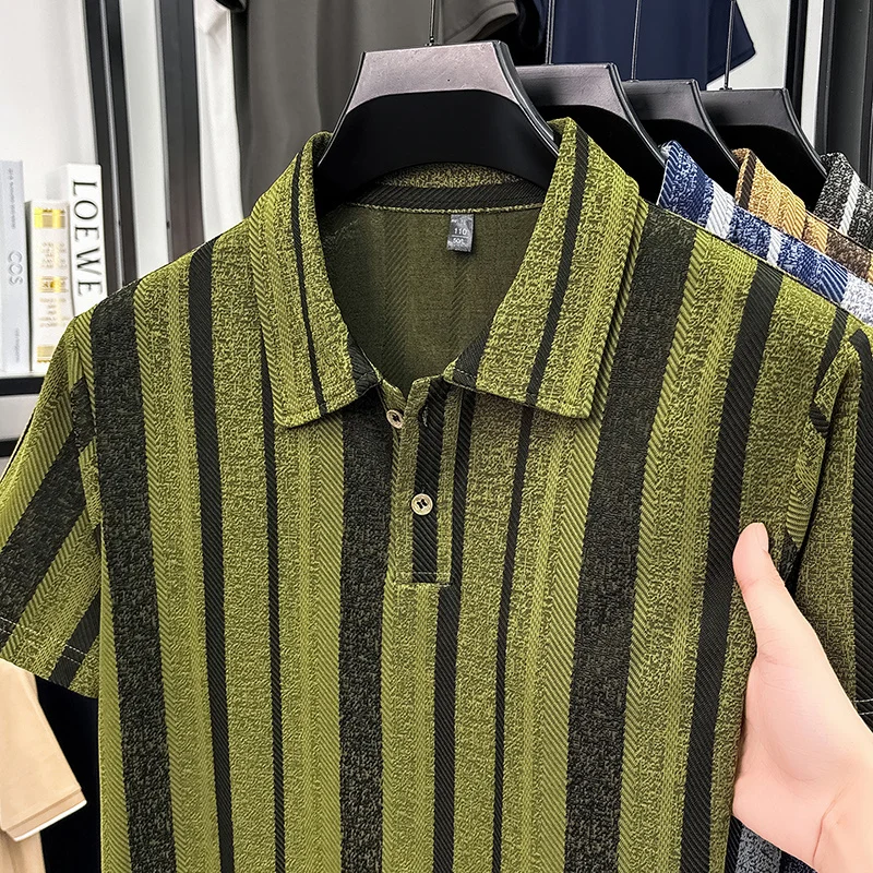 Herren Strukturierte Vertikal Gestreifte Kurzarm-Poloshirts Lässige Business-Oberteile Atmungsaktiv Knitterfrei Sommerkleidung – Detail 13