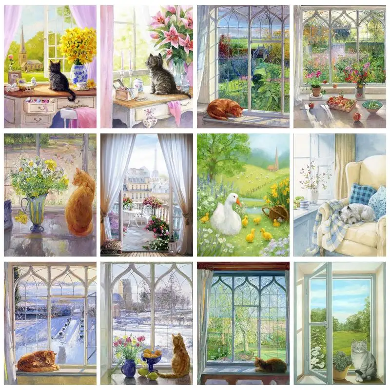 GATYZTORY Oil Painting By Numbers With Frame Cats Beside Windows For Adults Home Decors Diy Gift Canva Painting Handiwork Animal