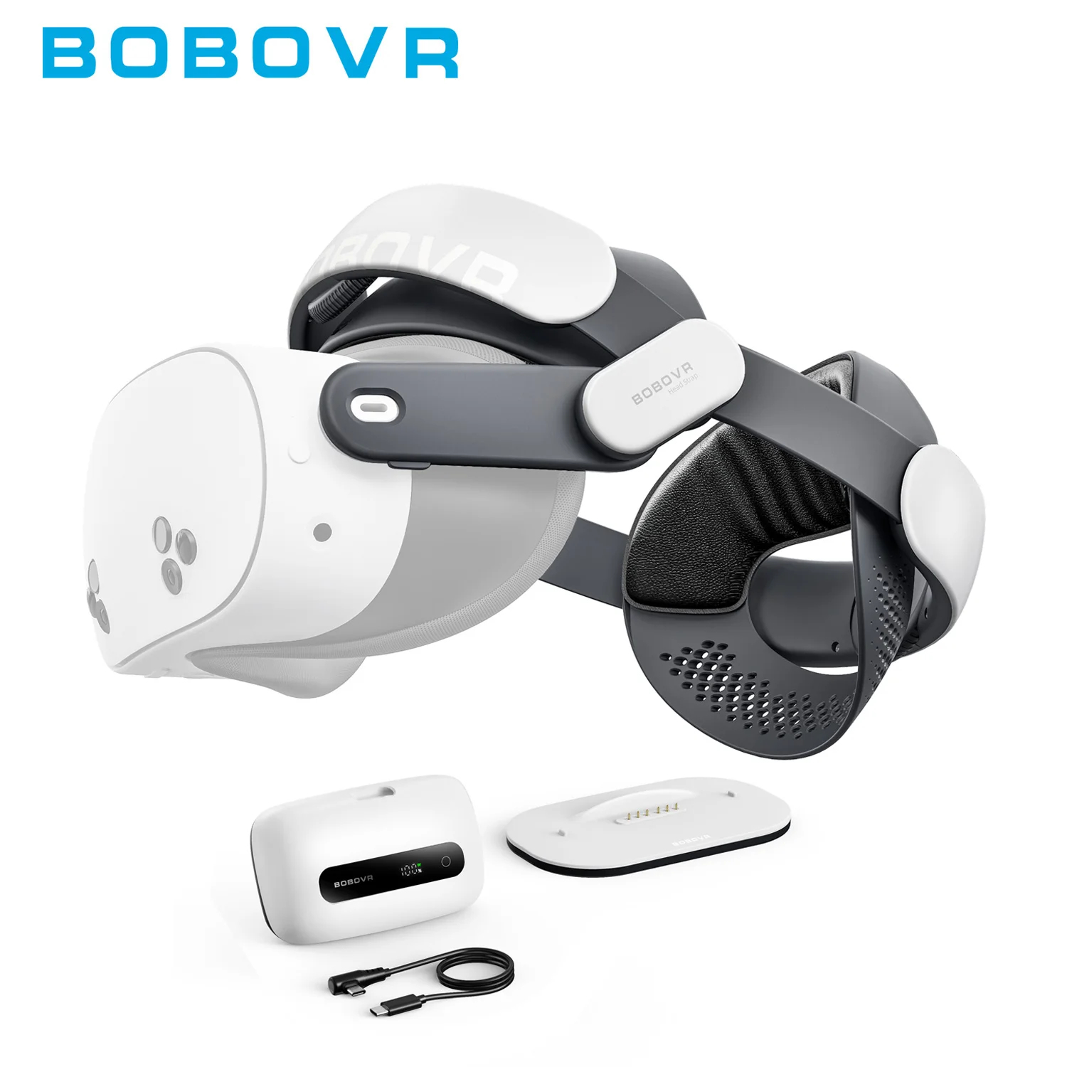 BOBOVR M3 Pro+ с аккумулятором на 6500 мАч, совместимый с Meta Quest 3S/Quest 3, в комплекте аккумулятор BM60 и док-станция для быстрой зарядки.