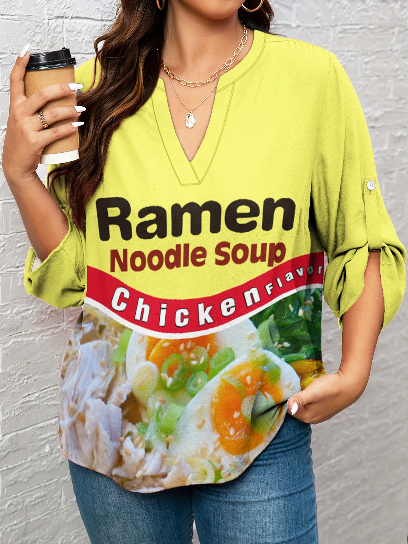 

Fashion Women Shirts Delicious Food Chicken Noodles 3D Printed Tops V-neck Long Sleeve T-shirts Famale Casual Clothing L-5XL