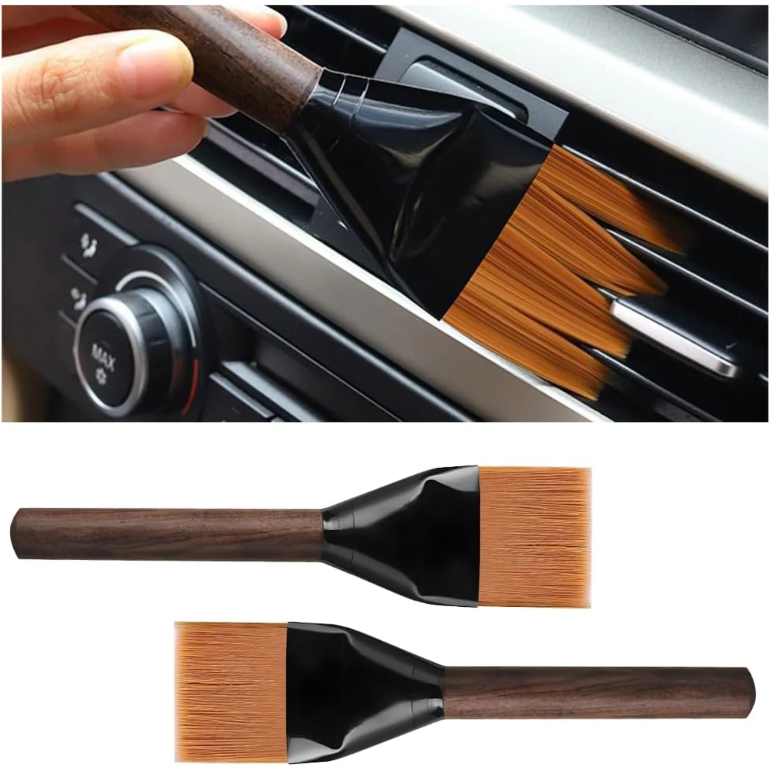 2PCS  Interior Detailing Brush, Soft Wooden Bristle Automotive Cleaning Dusting Duster Brush, Vehicle Interior Cleaning Tool for