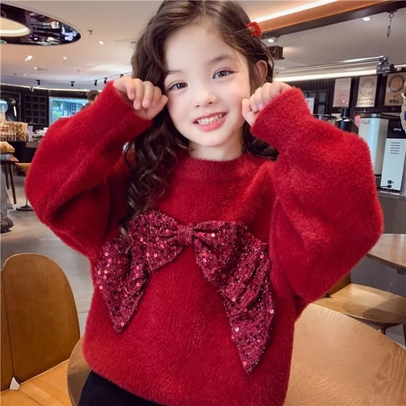 

2025 New Winter Girls' Oversized Faux Mink Sweater Chinese Red Crewneck Knit Top