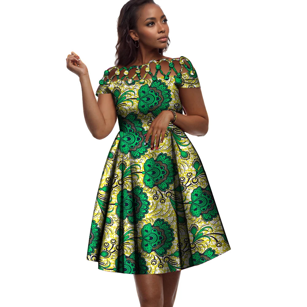 BintaRealWax Afrikanische Kleider für Frauen Baumwolle Seil Weben Kragen Afrikanischen Druck Wachs Kleidung Knielangen Dame Kleid WY335
