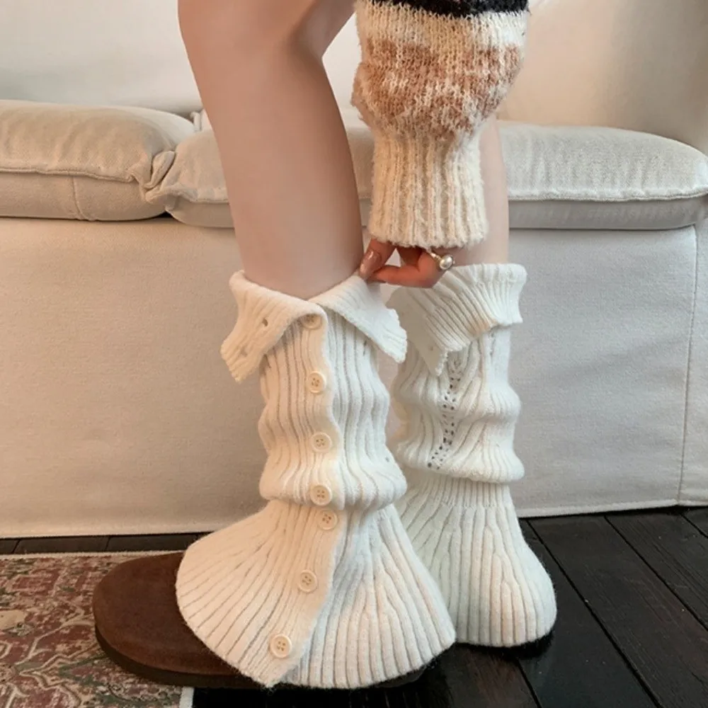 Crochet Knitted Boot Sock Sleeves Cable Knit Foot Cover Flared Leg Warmers Soft Solid Color Turned-up Button Socks Streetwear