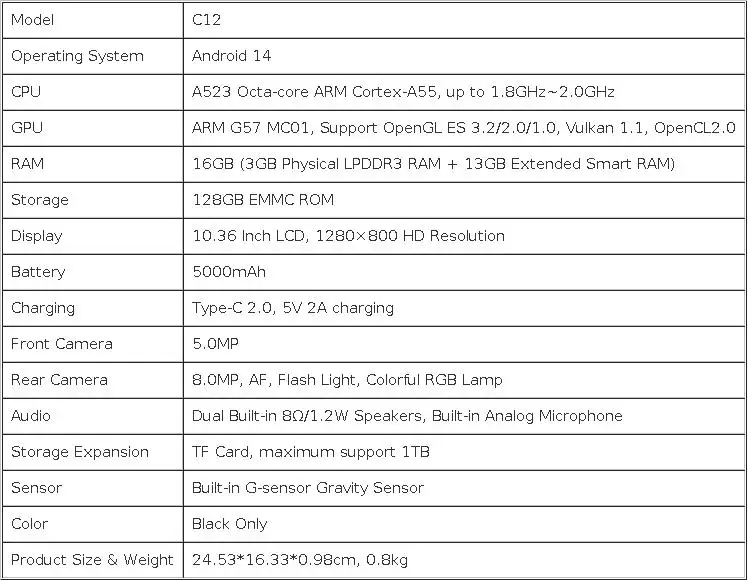 URAO 10.36 Inch Octa-Core Tablet Android 14,16GB RAM 128GB ROM 1280*800 HD LCD Tablet PC Dual Camera TF Card Expand 1TB 5000mAh WIFI Learning Entertainment Tablet