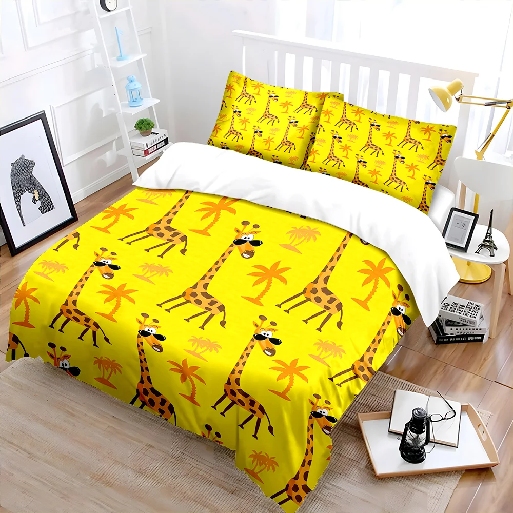 Cartoon giraffes and palm tree pattern Bedding Set 1 Duvet Cover 2 Pillowcases for Adult and Children Luxury Gift Full Size