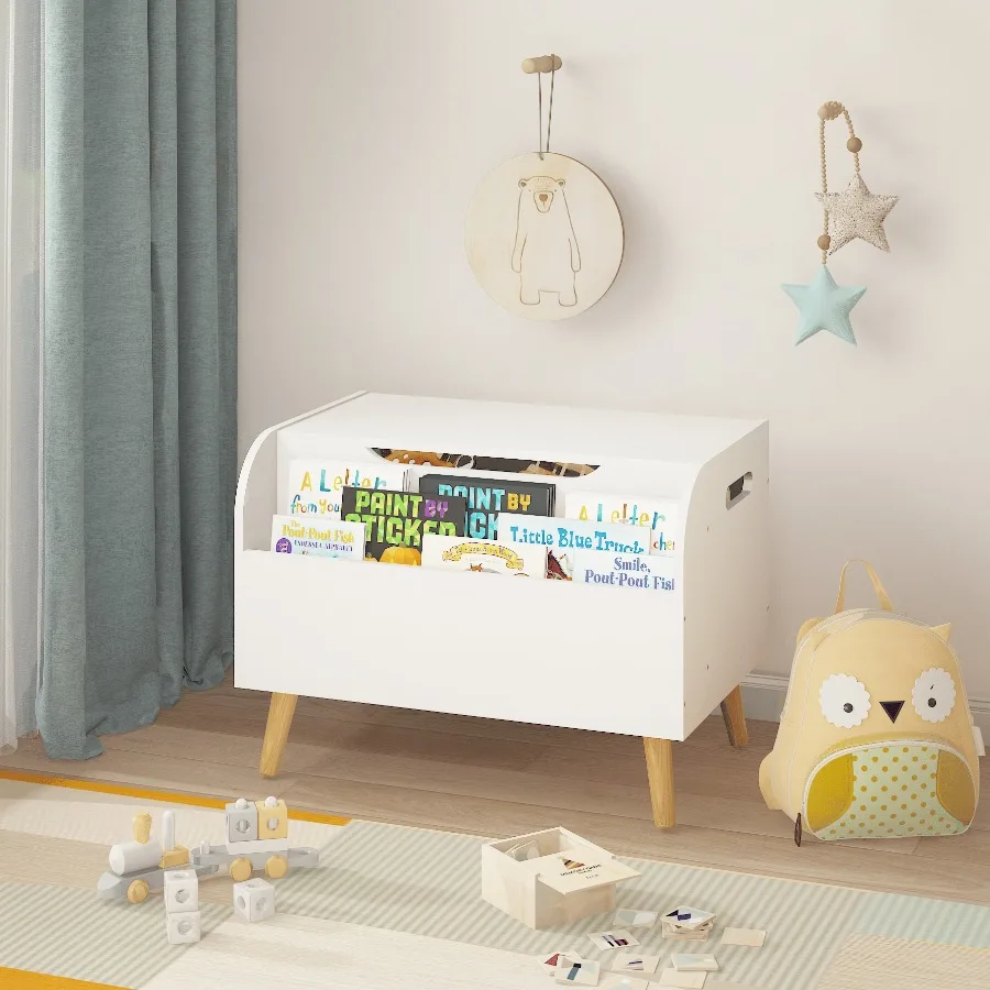 

Wooden Toy Box Toy Storage Organizer with Front Bookshelf FlipTop Lid Safety Hinge Boys Girls Toy Chest Bench for Playroom Room