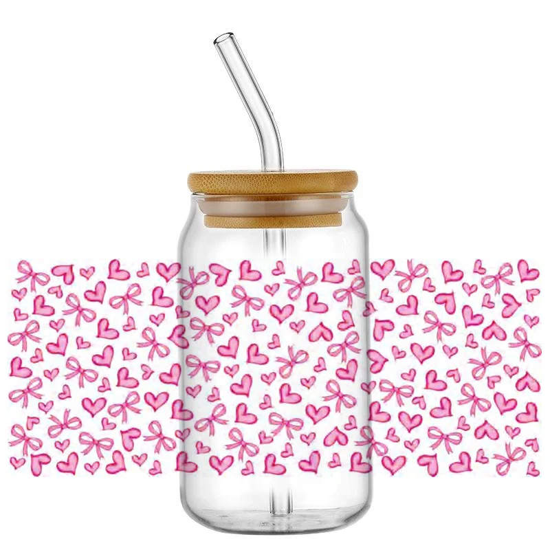 

Popular Heart Design 16oz Glass Cup Wrap Easy to paste UV DTF Transfer Sticker Cute Pinky Bow Themed Transfers 3D Decals