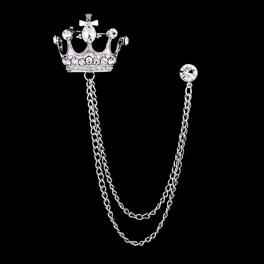 

1Pcs New Crown Chain Brooch Temperament Metal Tassel Crystal Brooch Vintage Rhinestone Lapel For Women Dress Mens Shirt Suit Set