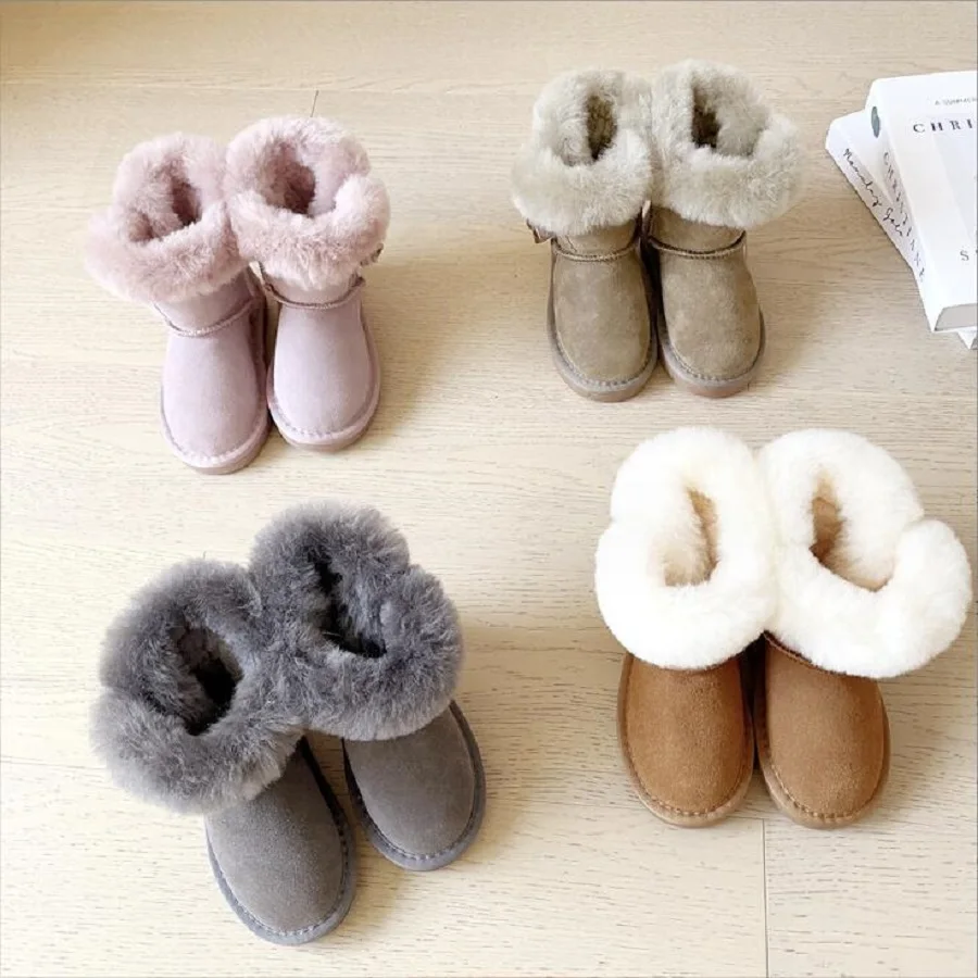 Winter Children's Snowy Boots Women's Genuine Leather Cow Horn Buckle Middle Sleeve Suede Opening Warm Snowy Cotton Boots 21-35