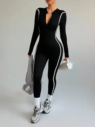 Imagen 1 del producto Body de Yoga con cuello levantado y bloqueo de Color a rayas, ropa deportiva de una pieza de secado rápido para exteriores, ropa deportiva de compresión para Fitness