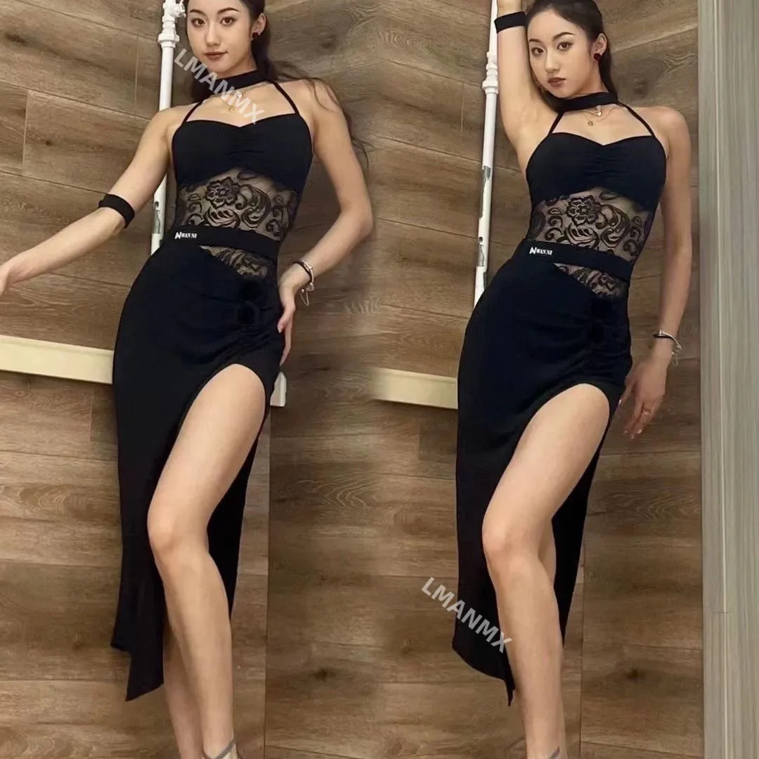 

Latin dance outfit, gymnastics outfit, top, side slit skirt, half skirt, leg length display, exercise outfit, rumba