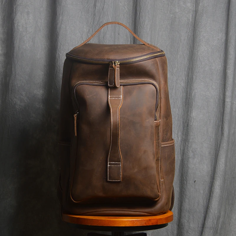 Rucksack Travel Bag Leather Backpack Laptop Men Genuine 15inch Crazy Horse Leather Backpack