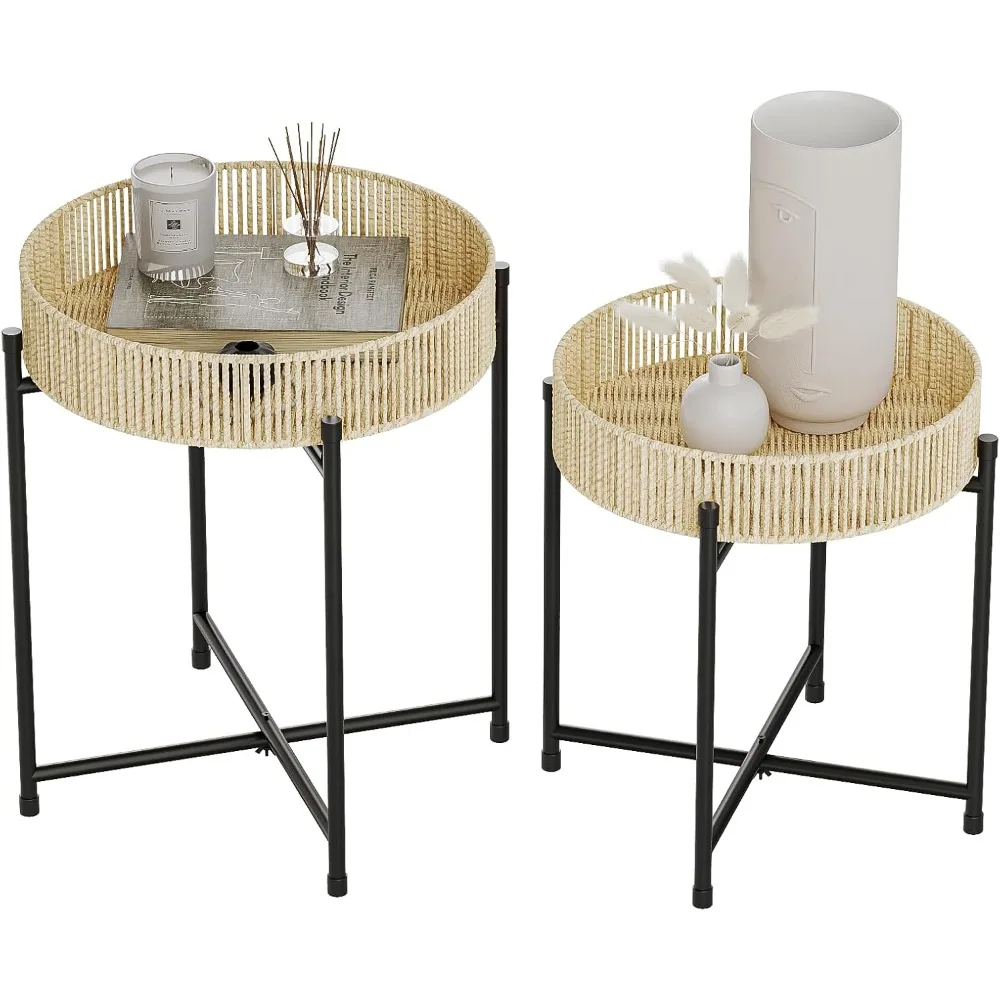 

Coffe Table Bamworld Rattan Coffee Table Round Boho Side Table for Living Room End Tables Set of 2 Nesting Tables Hand Woven