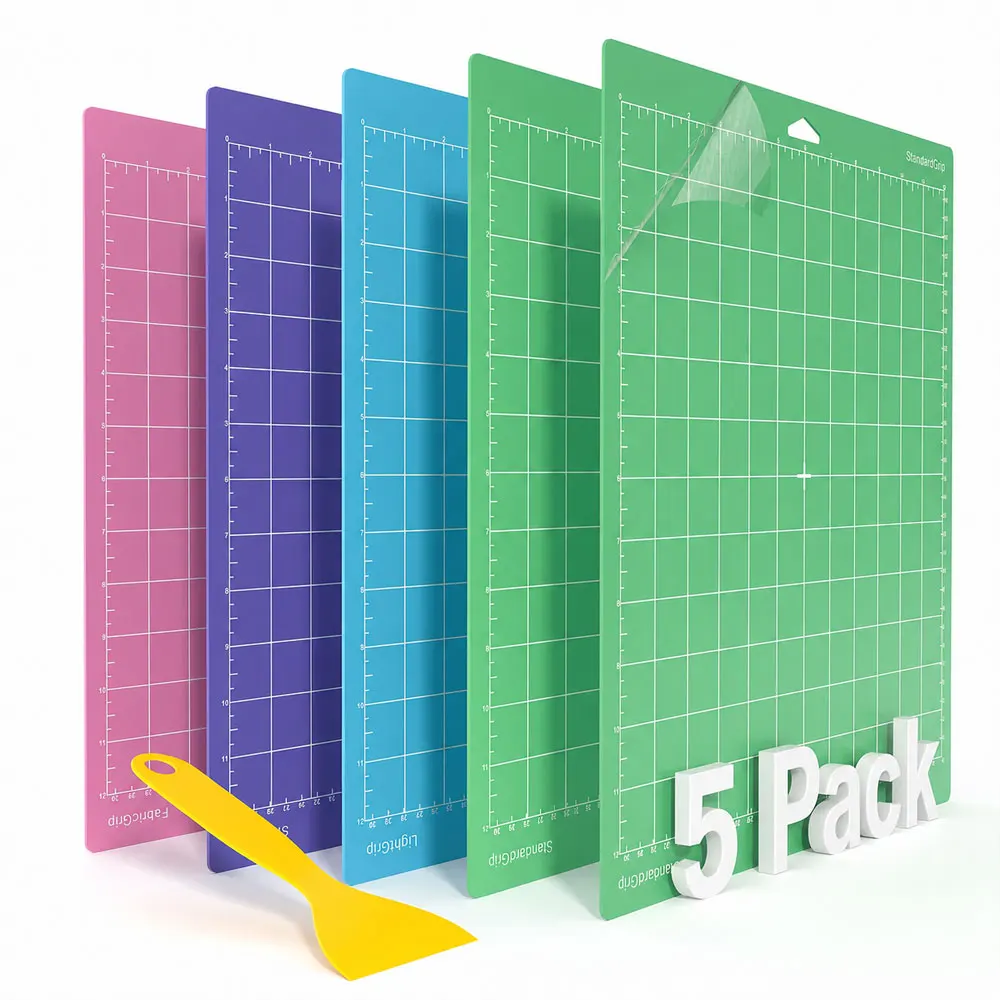 5枚セット-12x12インチ-マルチグリップ-再利用可能なpvcカッティングマット-スクレーパー、グリッド、保護フィルム付き-ビニール、紙、布、htv、diy用