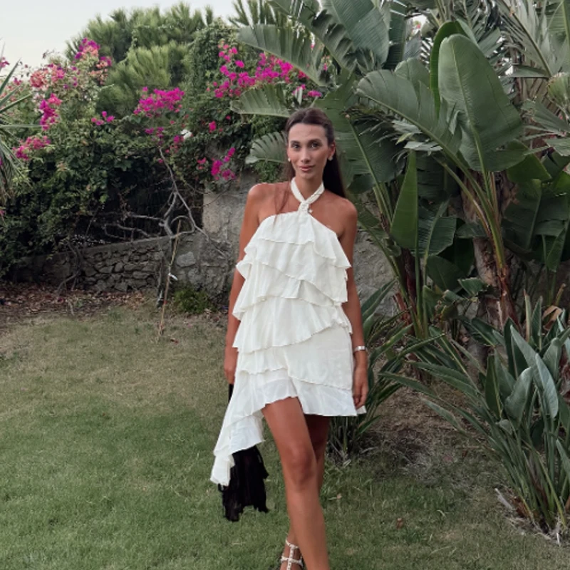 非対称ショートホルターネックレディースドレス新しい白いフリルバックレスノースリーブレイヤードチュールドレスエレガントなパーティービーチドレス