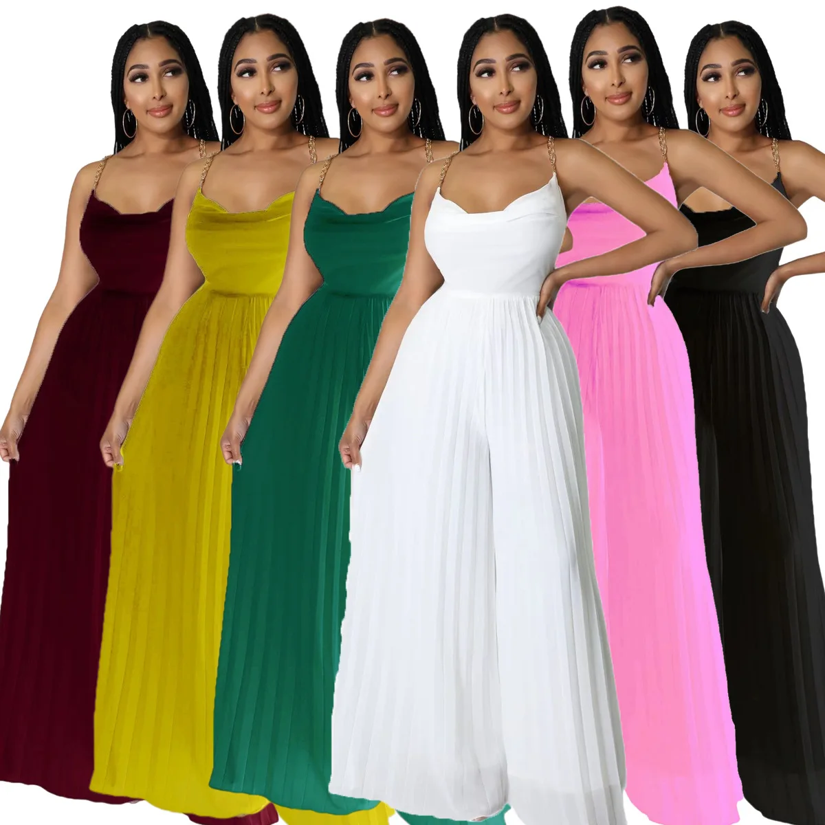 

Sexy Lady Strap Pleated Color Wide Leg Jumpsuit High Waist One-Piece Suit Long Pants Summer Faion Ladies' Clothing