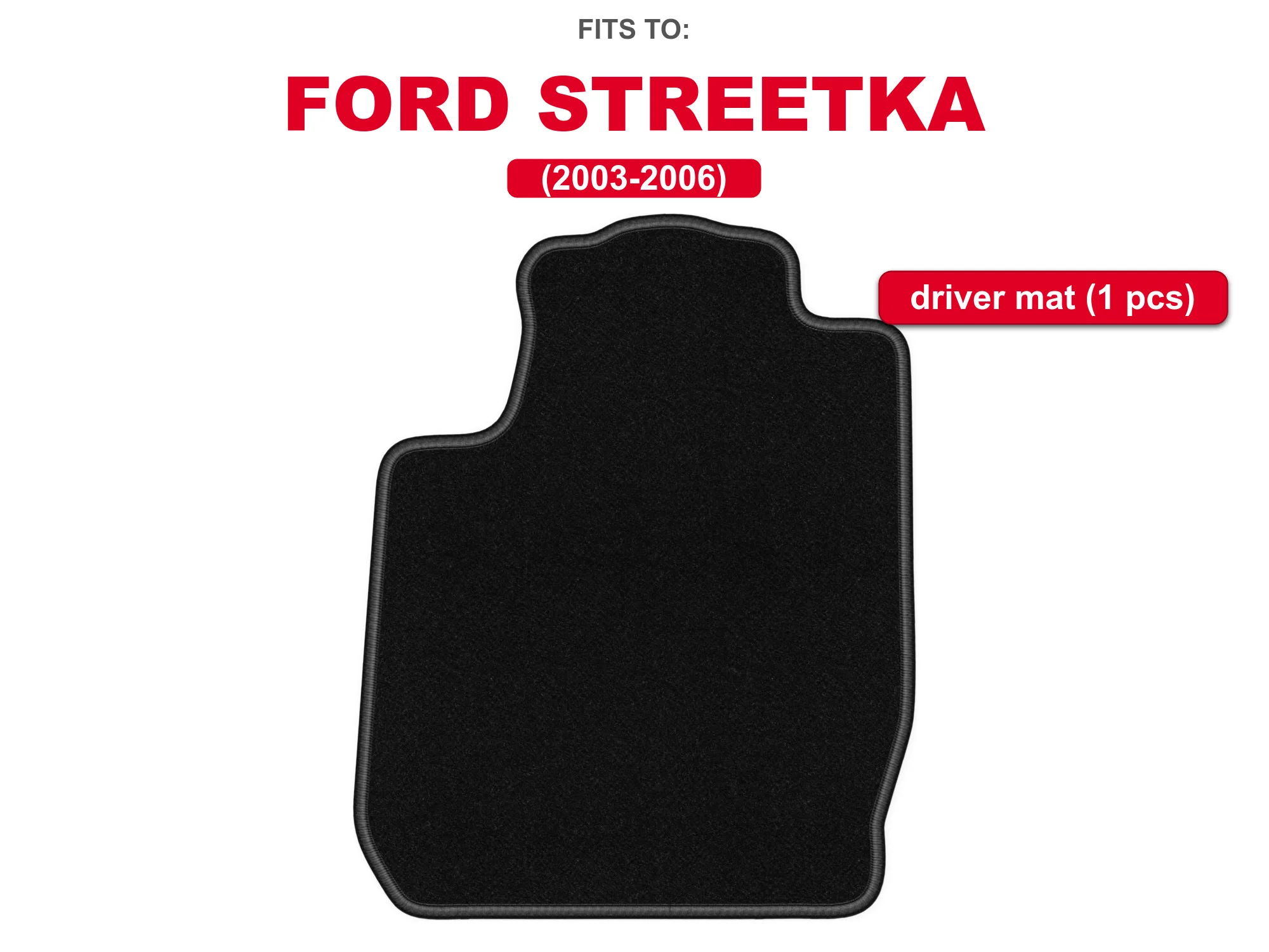 Zwarte velours bestuurdersvloermat voor: Ford StreetKa 2003–2006 cabriolet, 1-delige auto-voetruimtemat op maat gemaakt voor de bestuurderszijde.