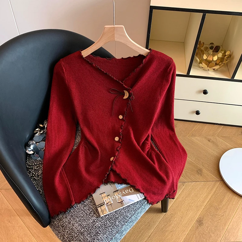 

Необычный красный свитер, женский модный укороченный вязаный пуловер с v-образным вырезом, корейский трикотаж с длинными рукавами, осенне-зимний дизайн, джемперы