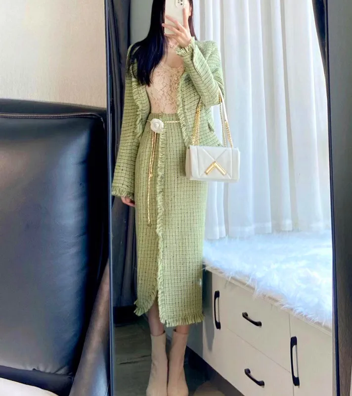 

French Style Elegant Chic Tassel Jacket, 2022 Autumn New Arrival, High-End Feel Slimming Split Half Skirt Outfit High Quality