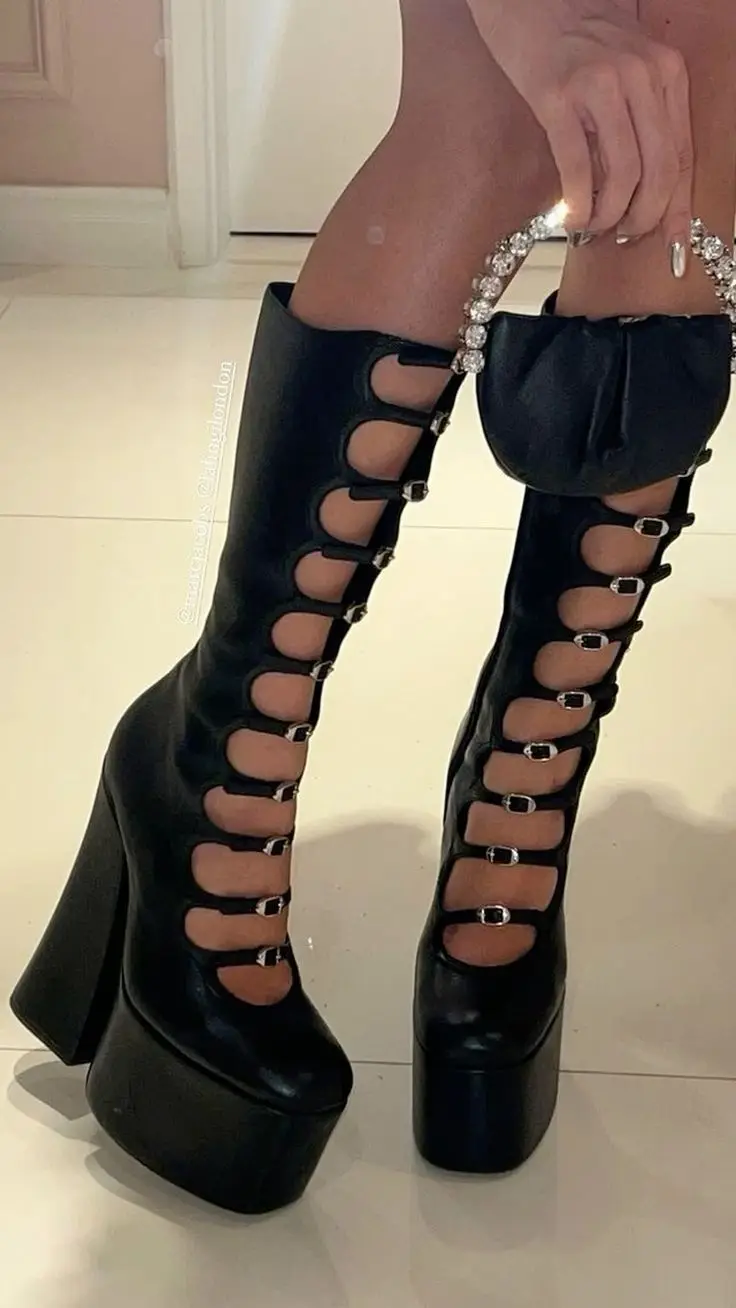 Black\\Pink Chic Platform Knee High Boots Women\'s Leather Chunky Heel Sexy Comfy Zipper Satin Big Size Boot Lolita Party Shoes