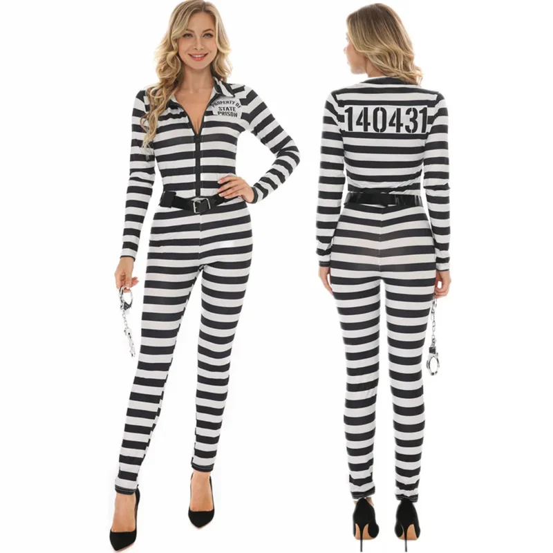 Women Prisoner Costume Escaped Prisoners Jumpsuit Striped Prison Inmate Halloween Cosplay Costumes Female Jail Criminal Dress Up