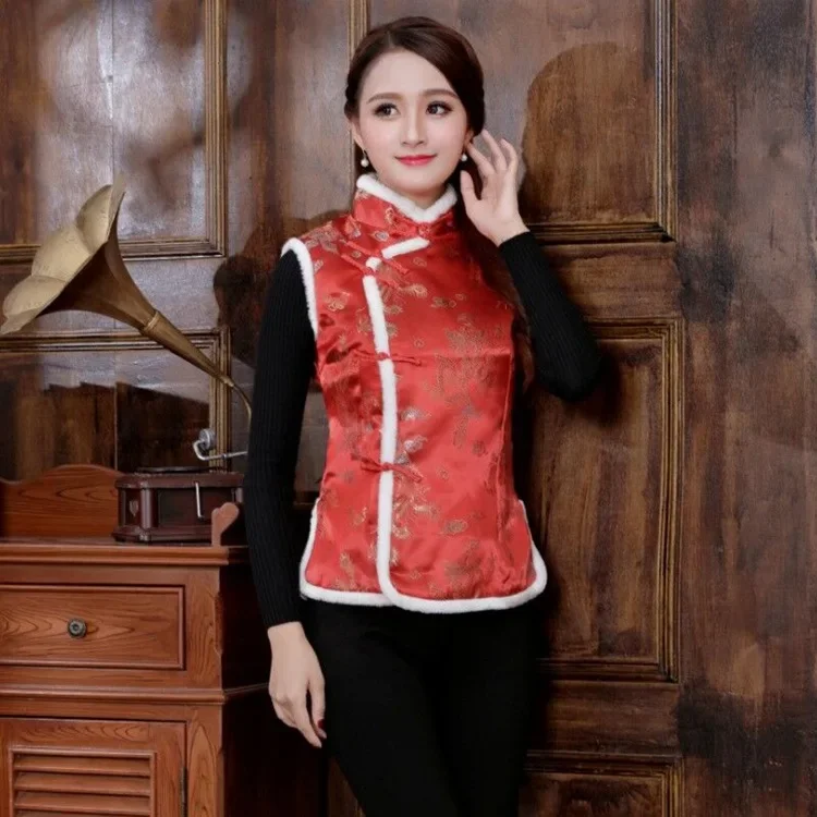 New Year Women Chinese Style Qipao Tang Suit Thicken Velvet Vest Traditional Evening Party Wedding Cheongsam Retro Satin Vest