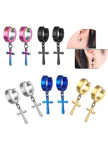 1-5Pairs Set Stainless Steel Cross Earrings, Cross Dangle Hoop Earrings For Men