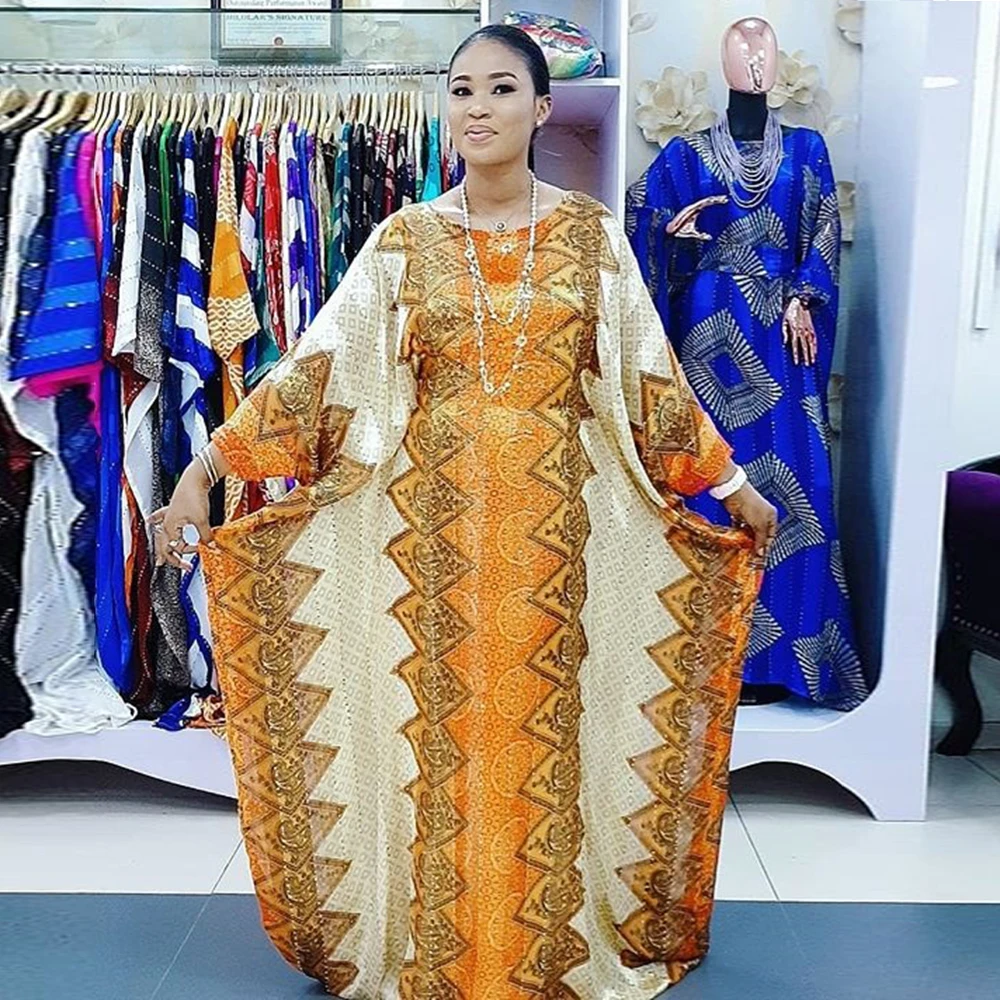 

2025 Boho African Print Chiffon Kaftan Dress Loose Fit with Built-in Belt & Patchwork Design for Beach Wedding