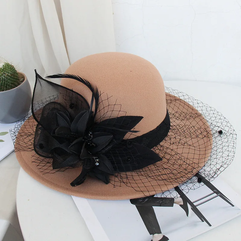 Autumn and winter Korean-style Hepburn wide-brimmed woolen , British retro round-top hat, mysterious mesh flower embellishmen
