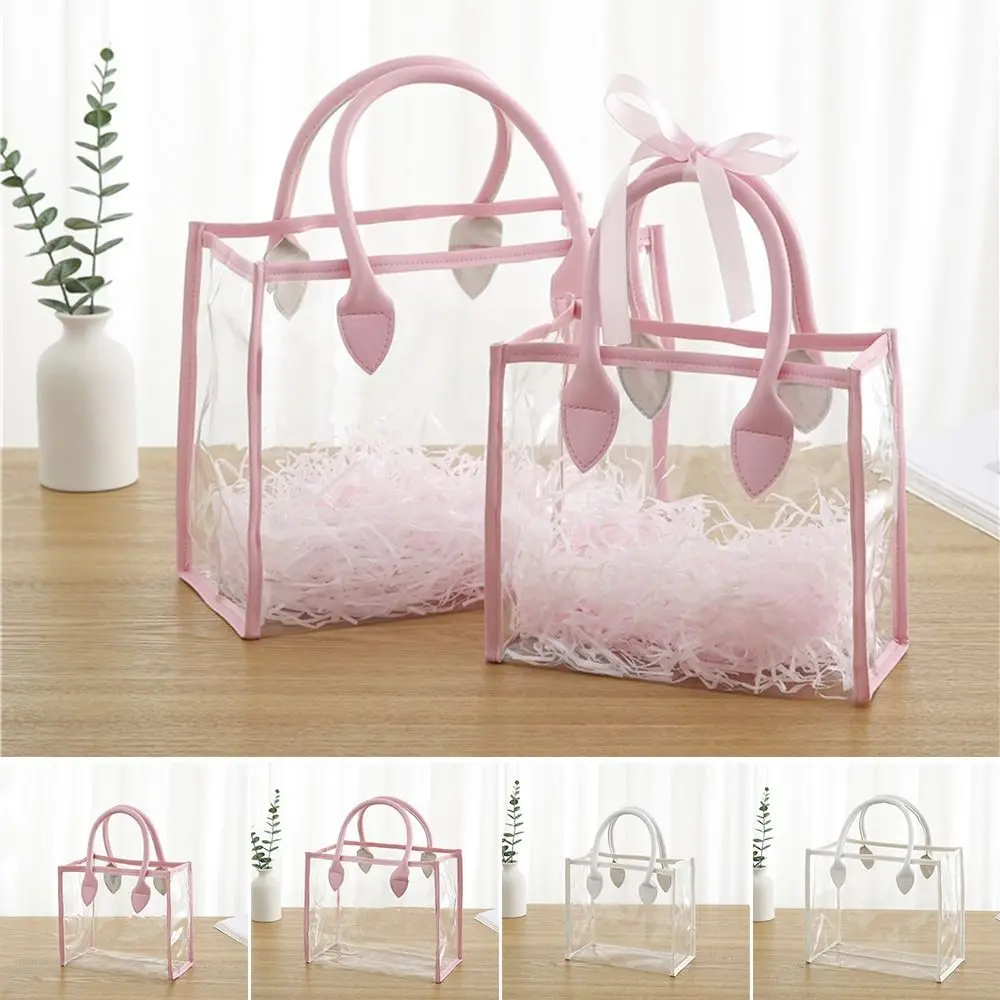 Transparente Geschenkt üte Mode rosa weiß wasserdichte Einkaufstaschen Pu Griff Rand Griff Verpackung Tasche