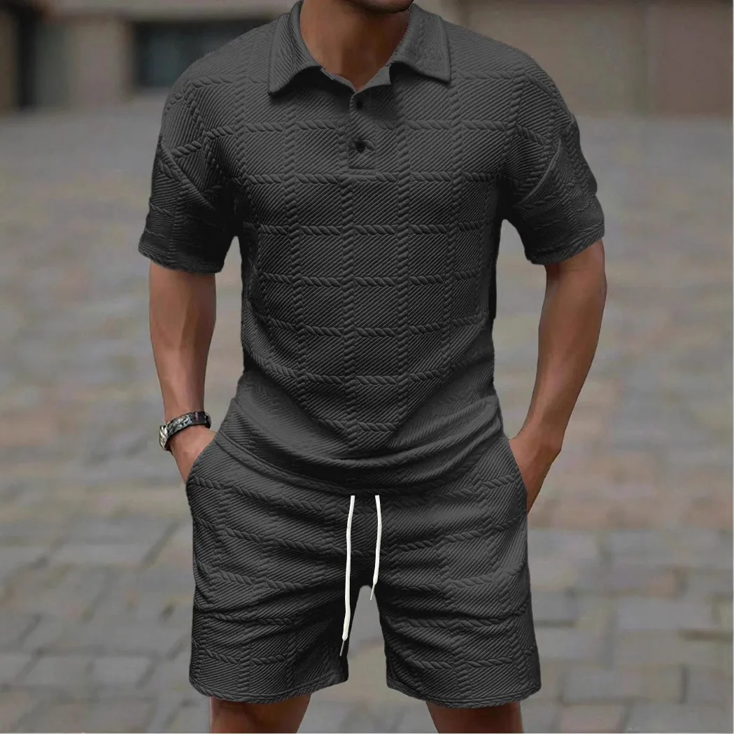 Conjuntos de Dos Piezas Casuales de Verano 2026 para Hombre, Tops de Manga Corta con Cuello Polo Vintage y Pantalones Cortos, Conjuntos de Moda para Hombre, Atuendos con Textura a Cuadros