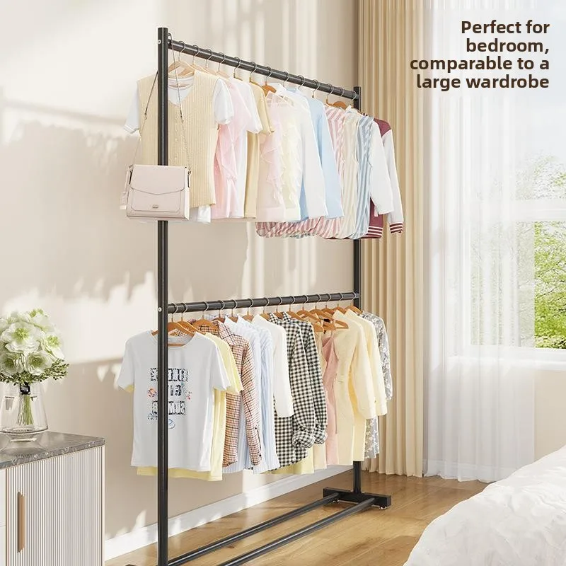 Indoor Floor-Mounted Double-Layer Clothes Drying Rack Simple Mobile Coat Hanger Metal Clothesline Holder Home Organization image 2