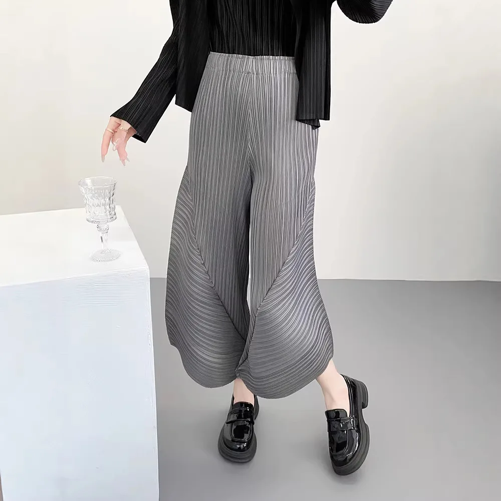 Miyake Style Women Pleated Wide Leg Pants Elastic Waist Loose Harem Trousers Casual Baggy Comfortable Long Pants