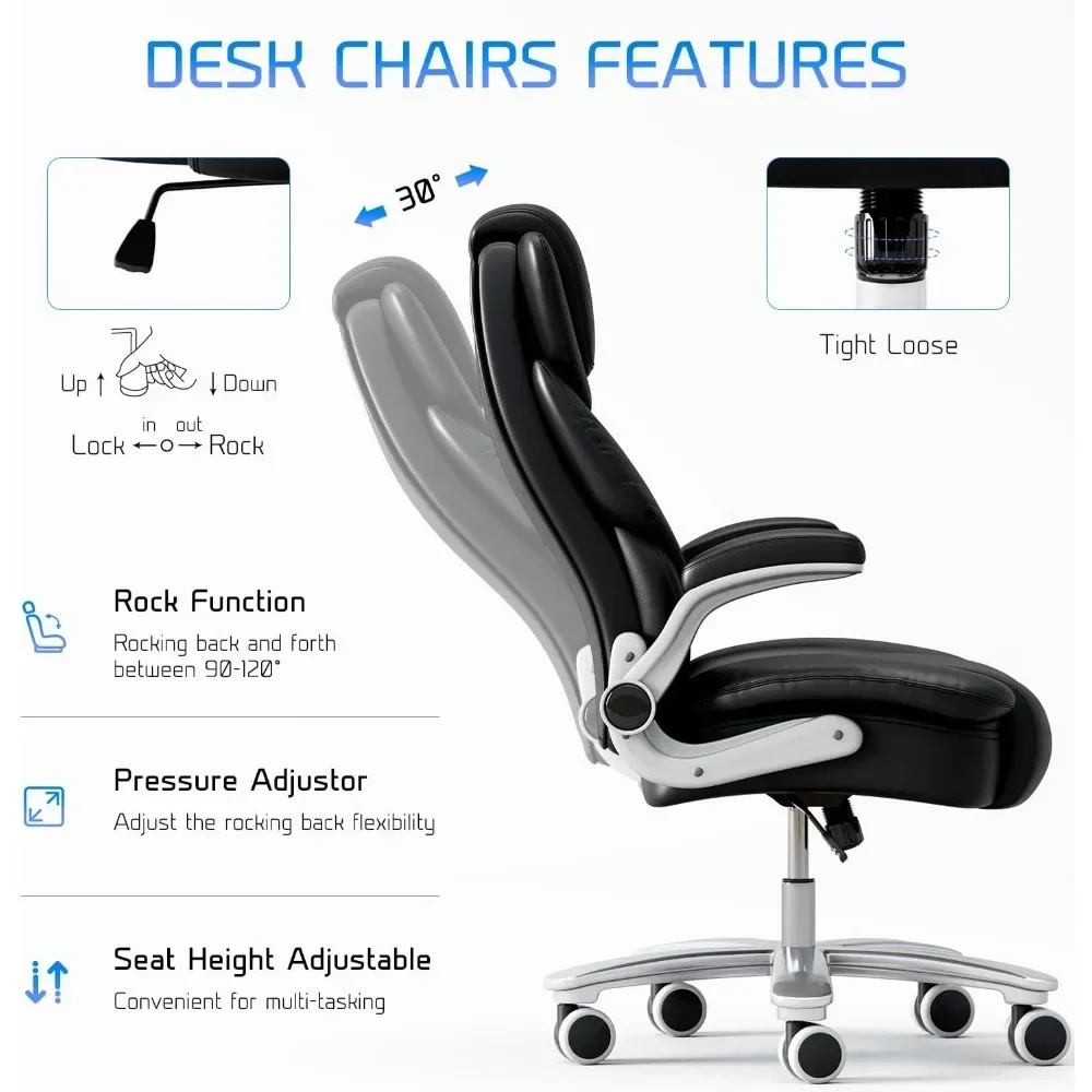 Office Chair 400lb Wide Seat, High Back Leather Executive Office Chair with Flip-up Arms, Ergonomic Computer Desk Chairs