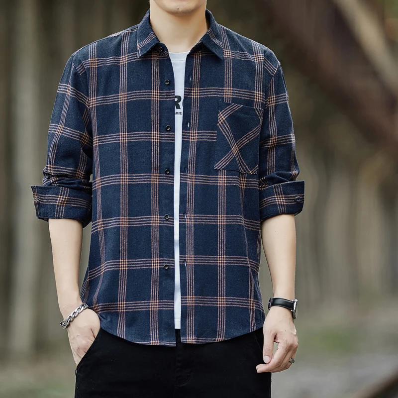 Frühling Herbst Mode Baumwolle Langarm Herren Kariertes Hemd Gebürstetes Plaid Gestreiftes Business Freizeit Passform Flanell Bügelfrei Hemden