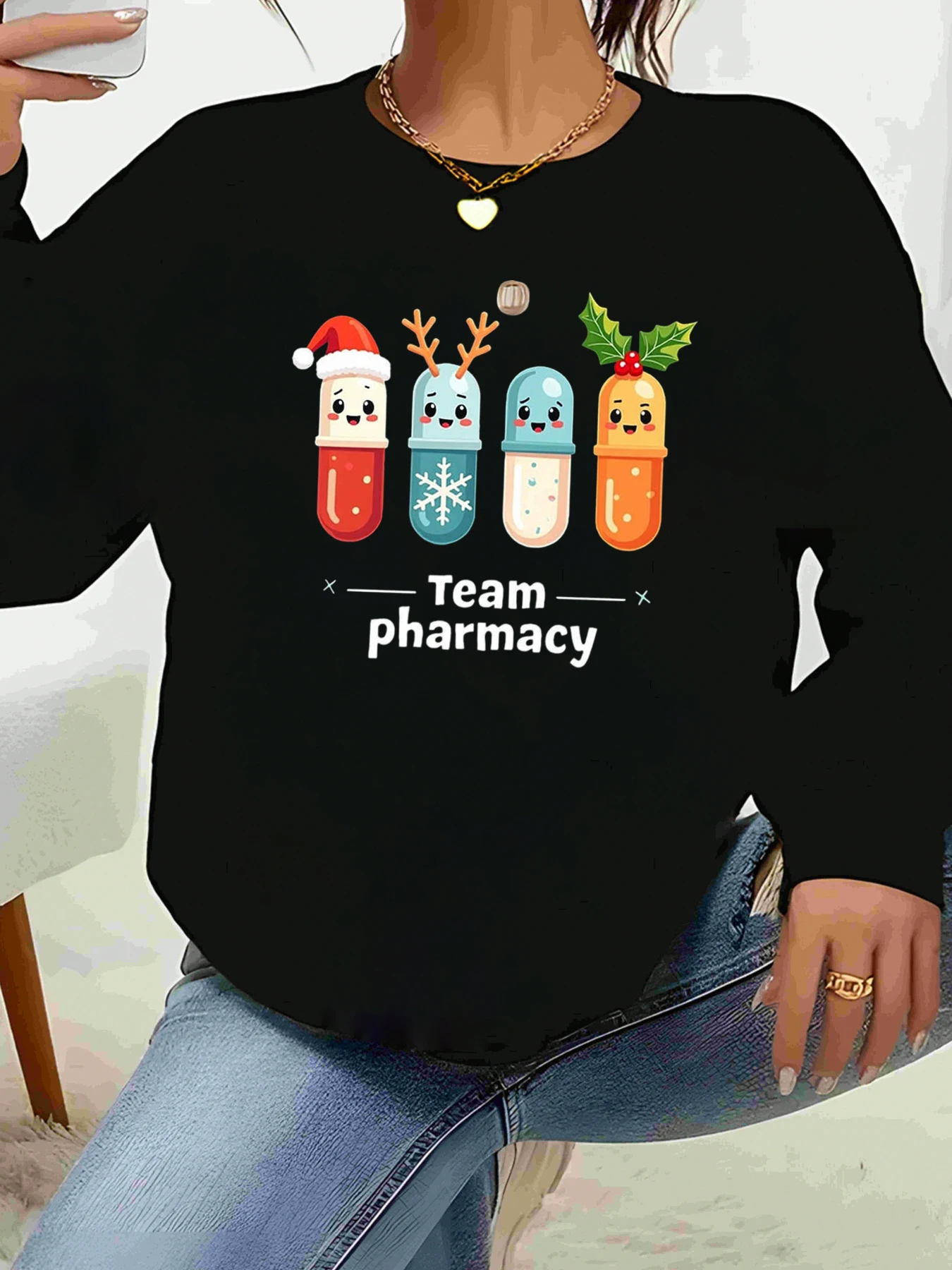 

Pill Capsule Рождественский дизайн команда аптечный топ с длинными рукавами праздничная повседневная одежда для женщин