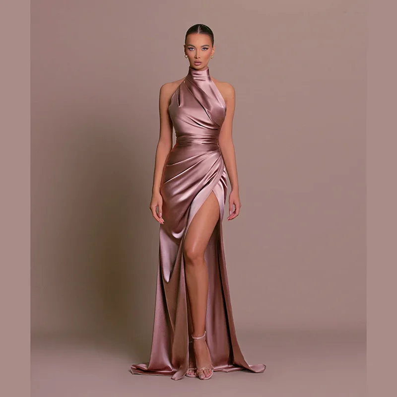 Satin Halfter rosa Kleid Abend Abschluss ball Party Kleider Frauen Luxus Bodycon Club elegante Dame Maxi sexy Plissee Schlitz Kleid