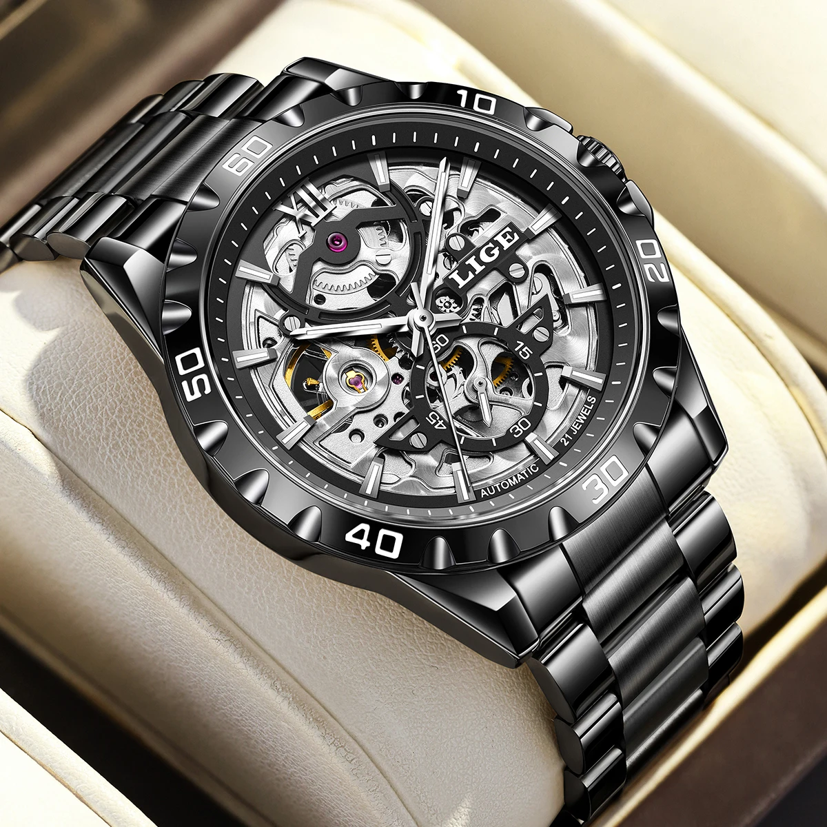 

LIGE модные роскошные мужские механические часы деловые повседневные водонепроницаемые светящиеся часы из нержавеющей стали с автоматическим механизмом для мужчин