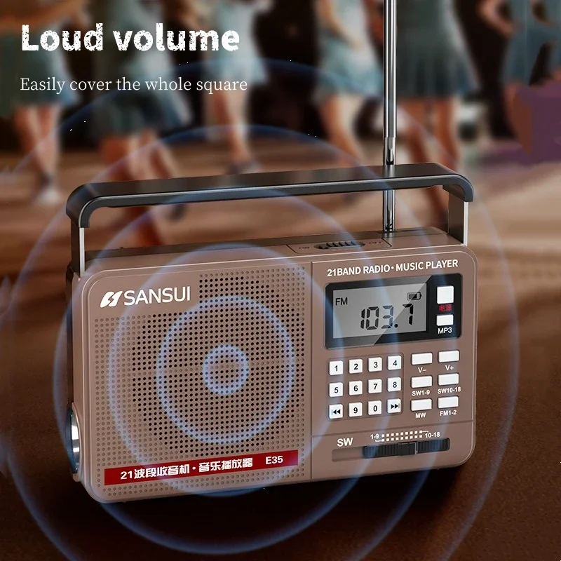 SANSUI E35 FM/MW/SW راديو محمول كامل النطاق متعدد الوظائف مشغل موسيقى يدعم اتصال سماعة الأذن/اختيار الأغاني الرقمية