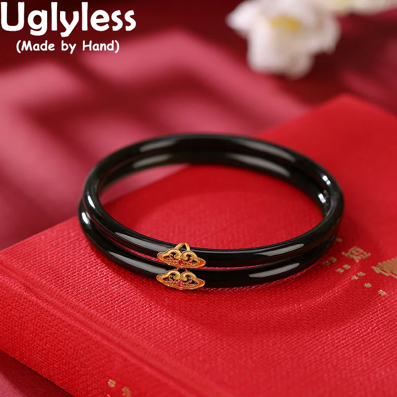 

Uglyless 1Piece Natural Black Jade Bangles for Women 4.5-5MM Thin Gemstones Bangles Real 925 Sterling Silver Bells Jewelry Gold